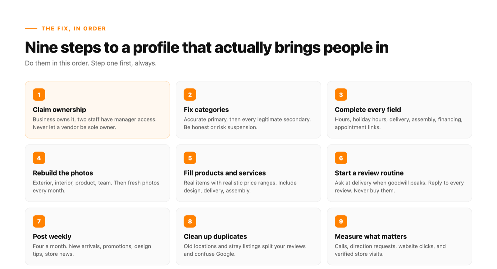 Nine step Google Business Profile fix checklist for furniture stores