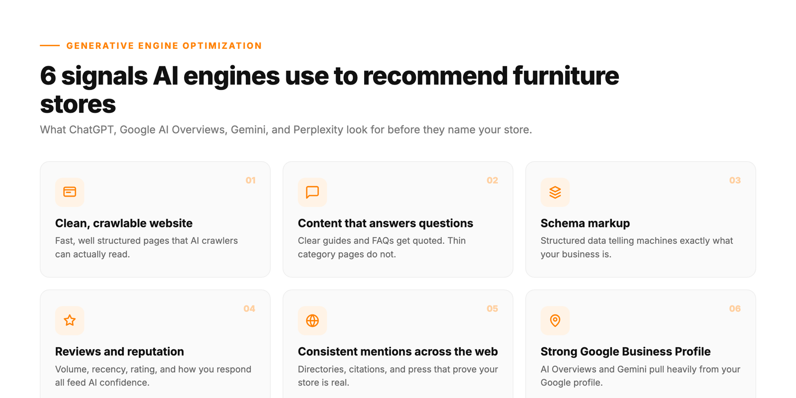 Six signals AI engines use to recommend furniture stores